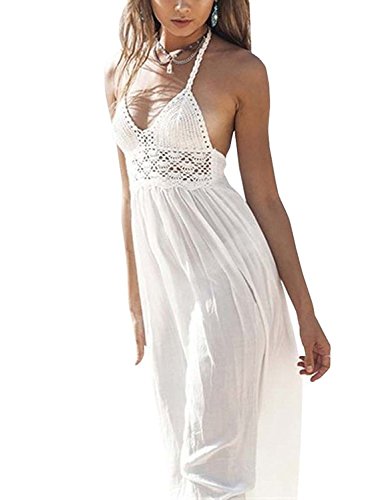 LILBETTER Women's Beach Crochet Backless Bohemian Halter Maxi Long Dress (White,X-Small)