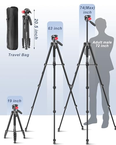 CAMBOFOTO 74"-Camera-Tripod, Porfessional Aluminum Heavy Duty Tripod Stand for Mirrorless Camera/DSLR/Cell Phone/Camcorder, with Holder and Travel Bag