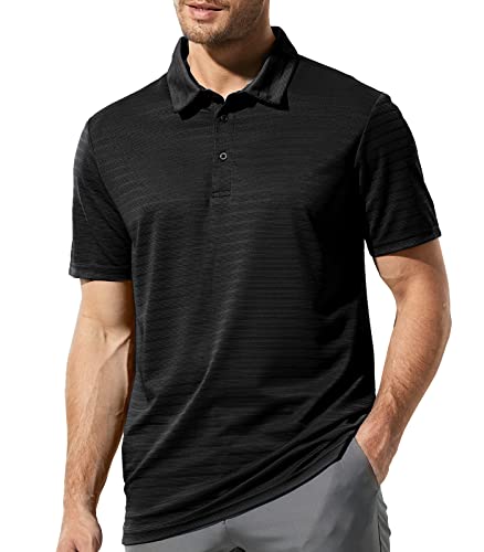 MIER Men's Polo Shirt Striped Performance Golf Shirts Quick Dry Collared Tshirts for Work Hiking Camping, Black, S