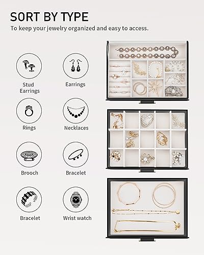 V-LAFUY Jewelry Organizer Box, Jewelry Holder Organizer 3 Layers with 2 Drawers, Jewelry Boxes Display Earring Necklace Watch Bracelet and Rings - Glass Lid Apricot