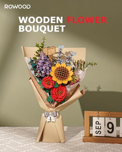 Rowood Artifical Flowers,Wooden Flower Bouquet Building Sets for Adults,Botanical Collection,Mothers Day/Valentine's Day/Christmas/Birthday Gift for Women/Mom/Her,DIY Craft Kit Unique Home Decor-TW01H