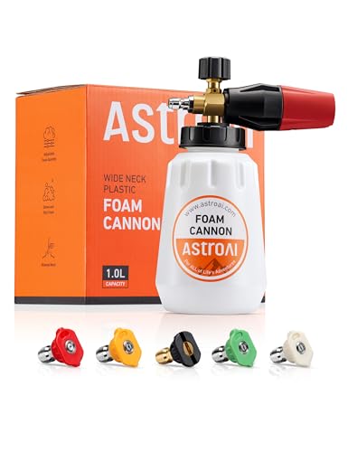 AstroAI Foam Cannon, Heavy Duty Car Foam Blaster Wide Neck Adjustable Snow Foam Lance and Thick Foam for Pressure Washer with 1/4" Quick Connector,1L Bottle & 5 Nozzles