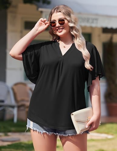 IN'VOLAND Plus Size Short Sleeve Blouses Womens Double Layers Mesh V Neck Tunic Dressy Casual Flowy Stretchy Work Tops Black 18W