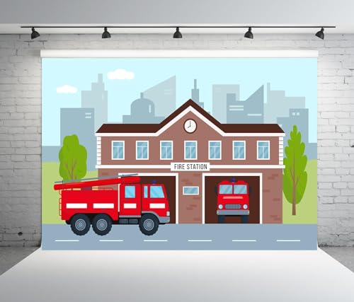 CORFOTO 5x3ft Fabric Cartoon Fire Station Backdrop Photography Firetruck Firefighter Background Kids Firefighter Themed Birthday Party Decorations Photoshoot Booth Studio Props