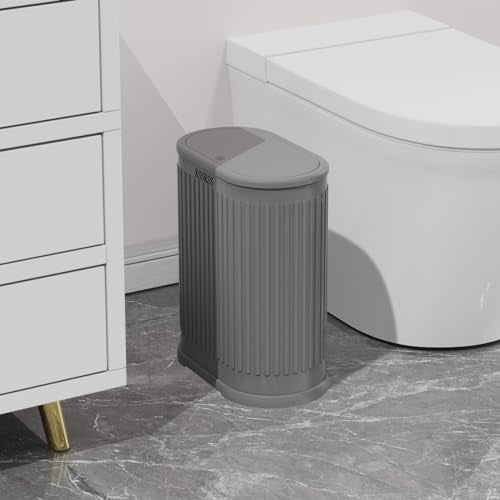 KSSKSS 1.8 Gallons Small Stainless Steel Trash Can with Press Type Lid, Slim Bathroom Garbage Bin, Removable Liner Bucket, Dog Proof Narrow Wastebasket with Pop-Up Lid for Bedroom,Toilet (Gray)