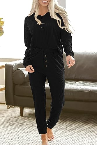 PRETTYGARDEN Women's 2 Piece Waffle Knit Lounge Outfit Long Sleeve Henley Top and Sweatpants Set Tracksuit (Black,Small)