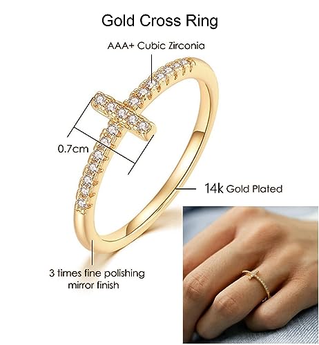 Honsny 8PCS 14K Gold Plated Rings for Women, Dainty Gold CZ Cross Heart Stackable Rings Stacking Band Ring Set for Women Size 4-11