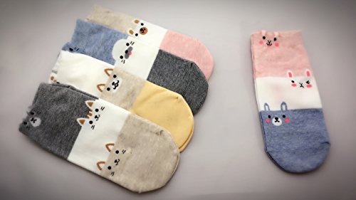 GotYourToes | Womens Teen Girls | Cute Dog Cat Rabbit Bear Animal Print | Ankle Socks | Great Gifts | 5 Pairs (Oh Happy Day