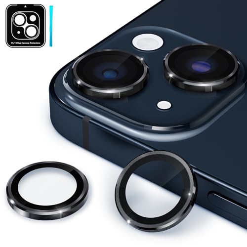 CloudValley for iPhone 15 Plus/iPhone 15 Camera Lens Protector, Ultra-HD Tempered Glass Camera Cover [Case-Friendly] Metal Individual Lens Screen Protective Ring, Black