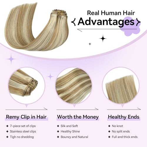 Ukira Blonde Clip in Hair Extensions, 15 Inch 70g 7pcs Ash Blonde Mixed Bleach Blonde Highlighted Hair Extensions, Ntural Straight Remy Human Hair Clip in Extensions for Women