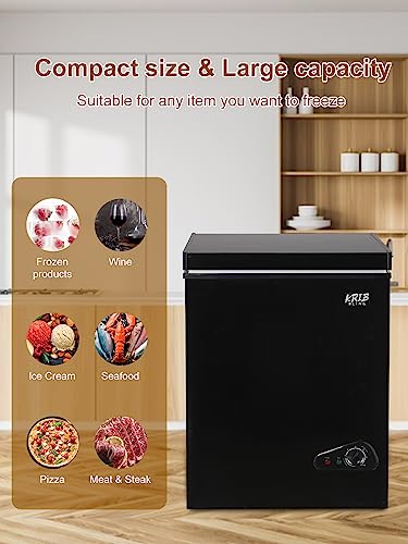 KRIB BLING Mini Chest Freezer 3.5 Cu.Ft 7 Gears Temperature Control Compact Deep Freezer with Top Open Door and Removable Storage Basket Black