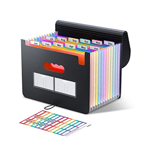 ThinkTex Accordion File Organizer, 12 - Pocket Expanding File Folders for Paper Receipts, Bills&Taxes Organizer, Letter/A4 Size Document Holder for School, Office, Home with Colorful tabs- Black