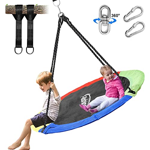 Hishine 50" Saucer Tree Swing for Kids, 360° Rotate Waterproof Flying Saucer Swing with Swivel, Hanging Straps, Adjustable Ropes, Round Mat Spinner Swing for Tree/Swing Set (Strap-Black)