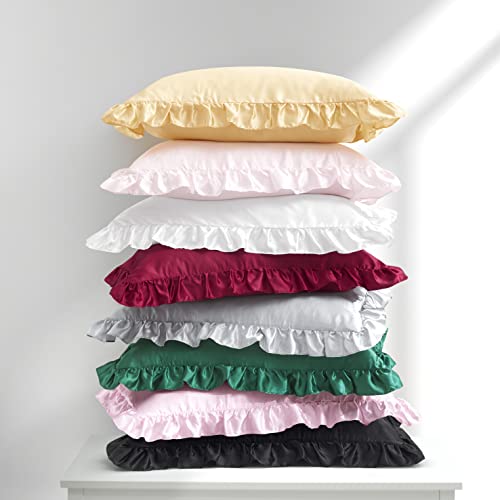 HommxJF Silky Satin Ruffled Pillow Cases for Hair and Skin,White Silk Pillowcases King Set of 2 with Envelope Closure Princess Room Decoration