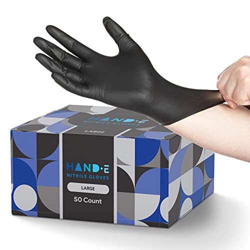 Hand-E Touch Black Nitrile Disposable Gloves Small, 50 Count - BBQ, Tattoo, Hair Dye, Cooking, Mechanic Gloves - Powder and Latex Free Gloves