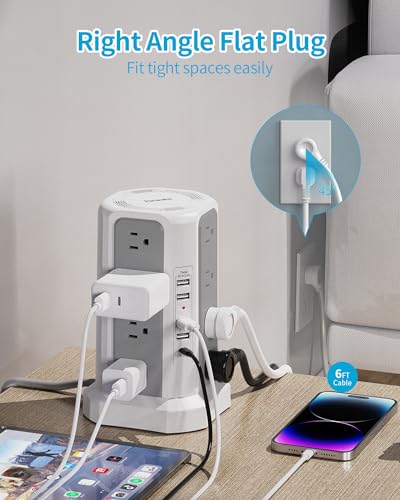 PD 18W USB C Power Strip Surge Protector Tower with 16 Outlets and 5 USB Ports, 6FT Extension Cord with Multiple Outlets, Fararaka Charging Station Home Office Essentials