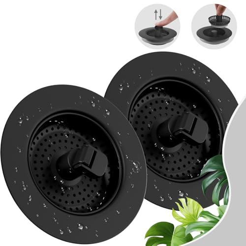 Hibbent 2 Pack Universal 3 in 1 Kitchen Sink Drain Strainer with Sink Stopper, Stainless Steel Wrapped Shell, SUS304 Anti-Clogging Basket Strainer, Fit for US Standard 3-1/2" Drain, Stainless Steel