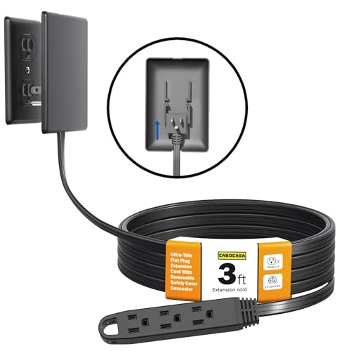 CABOCASA Dual 3FT Ultra-Thin Outlet Concealer, Universal Size Outlet Cover 3 FT Twin Extension Cord with 3 Outlets Each Side, Ideal for Home Appliances on Opposite Sides of a Wall Outlet