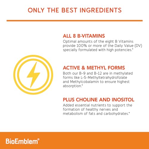 BioEmblem Vitamin B-Complex - All 8 Active Forms with Methyl Folate, Methyl B12, B6, Biotin Plus Choline Inositol, Supports Energy, Metabolism, Brain, Heart Health - B Vitamin Supplement 90 Capsules