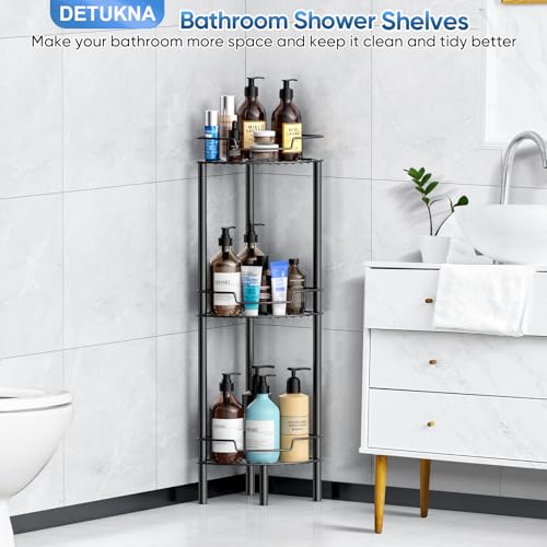 Detukna Corner Shower Caddy, 4 Tier Rustproof Shower Organizer Shelf for Bathroom Shampoo Storage, Waterproof Stainless Steel Floor Corner Stand Rack for Bathroom Balcony Kitchen, No Drilling, Black…