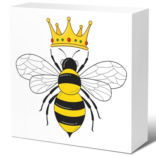 Bee Queen Desk Decor, Funny Bee Queen Crown Wood Block Sign Desk Décor for Home Bedroom Office