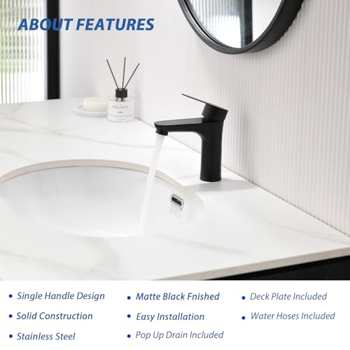 Black Bathroom Faucet,Single Handle Bathroom Sink Faucet, Commercial Bathroom Faucets,1 Hole Deck Mount RV Mixer Tap Lavatory Vanity Sink Faucet with Supply Lines KMBF008B