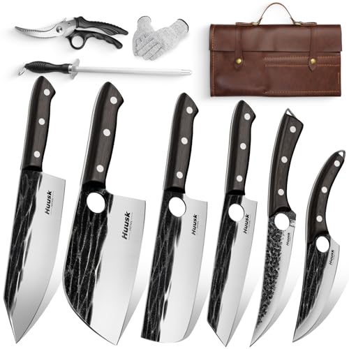 Huusk Knives Set, Serbian Chef Knife Set with Bag, Japanese Kitchen Knife Set, Hand Forged High Carbon Steel Knife Set, Full Tang Knife Set with Ebony Handle, Butcher Knife Set for Dad, Ideal Gif