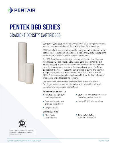 Pentair Pentek DGD-7525 Big Blue Water Filter, 10-Inch Whole House Sediment Filter Cartridge Replacement, Dual-Gradient Density Spun Polypropylene, 10" x 4.5", 25 Micron, Pack of 1