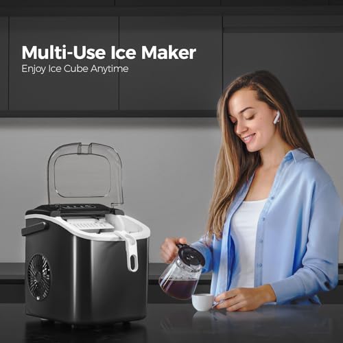 Portable Ice Maker Machine with Handle, 26lbs/24Hrs, 6Mins/9 Ice Cubes, Self-Cleaning with Basket/Scoop, Countertop Ice Makers for Home/Kitchen/Office(Green)
