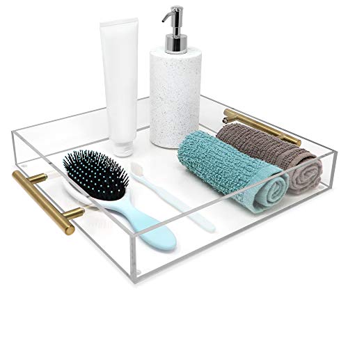 Isaac Jacobs Clear Acrylic Serving Tray (12x12) with Gold Metal Handles, Spill-Proof, Stackable Organizer, Food & Drinks Server, Indoors/Outdoors, Lucite Storage Décor (12x12, Clear with Gold Handle)