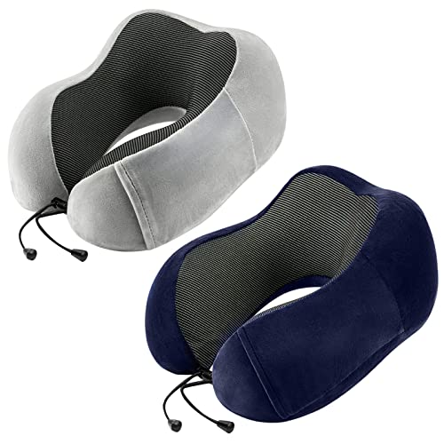 urnexttour Neck Pillow Airplane-2 Pack Memory Foam Travel Pillow, Soft & Support Travel Neck Pillow for Travelling, Sleeping Rest, Car, Train and Home Use (Black&Grey)