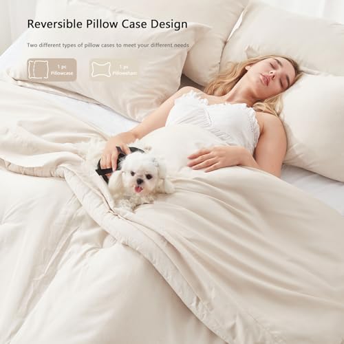 UNILIBRA Twin Comforter Set 5 Pieces - Beige Bed in a Bag Twin Size Soft for All Seasons - Cationic Dyeing Bedding Comforter Sets with Comforter, Flat Sheet, Fitted Sheet, Pillowcases & Shams
