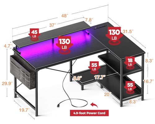 ODK 40 Inch Gaming Desk with USB Power Outlets and LED Lights, Reversible L Shaped Computer Desk with Storage Shelves & Monitor Stand, Corner Home Office Desk Table, Carbon Fiber Surface, Black