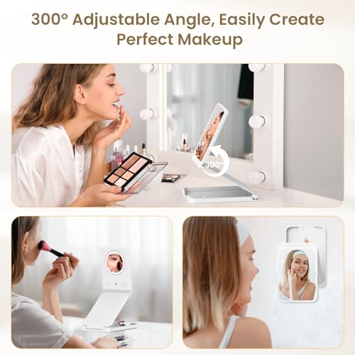 LAMPICK Travel Makeup Mirror with Lights, Portable 1X Vanity Mirror with 5X Lighted Magnification,72 LEDs 3 Color Lights, Rechargeable 1000mAh Battery, Freely Adjust Height and Angle