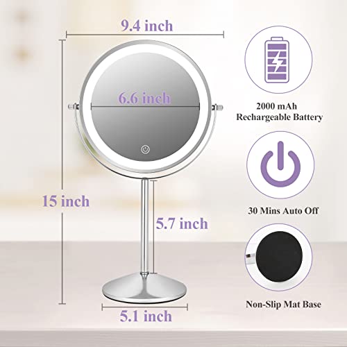 FFowcye 8" Lighted Makeup Mirror with Adjustable Height, 1X/10X Magnification, Rechargeable LED Vanity Mirror with 3 Color Modes, 360° Rotating Touch Screen, Magnifying Tabletop Cosmetic Mirror