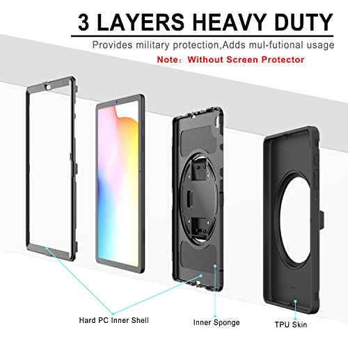 Junfire Galaxy Tab S6 Lite Case 2024/2022/2020, Shockproof Protective Samsung Tab S6 Lite 10.4 inch Case with Stylus Holder/Hand Strap/Kickstand, SM-P620/P625/P610/P613/P615/P619-Black