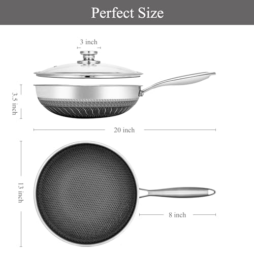 Vinchef Stainless Steel Wok Pan with Glass Lid 12 Inch, Honeycomb Nonstick Stir Frying Pan Induction Compatible and Dish Washer Safe