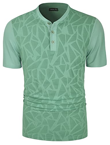 TAPULCO Quick Dry Henley Shirts for Men 3 Button Collarless Short Sleeve Sports Golf Tennis T-Shirt Breathable Soft Lightweight Casual Daily Tops Stripe Teal Medium