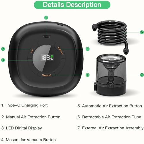 3 in 1 Electric Mason Jar Vacuum Sealer Kit with External Assembly Vacuum Pump for Food Storage, Automatic Vacuum Sealer Compatible with Vacuum Bag,Wine Bottle,Wide Mouth and Regular Mouth Mason Jars