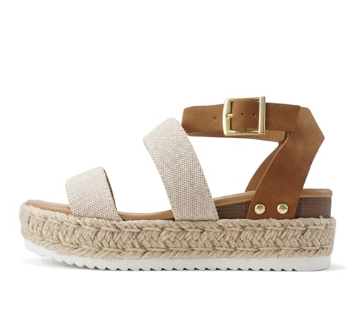Soda Top Shoe Bryce Open Toe Buckle Ankle Strap Espadrilles Flatform Wedge Casual Sandal (Beige Canvas/Taupe, US Footwear Size System, Adult, Women, Numeric, Medium, numeric_8_point_5)