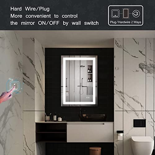 VanPokins LED Mirror, 55x36 Inch Gradient Front and Backlit Lighted Bathroom Mirror, 3 Colors Dimmable CRI>90 Double Lights, IP54 Enhanced Anti-Fog, Hanging Plates Wall Mount Bathroom Mirror