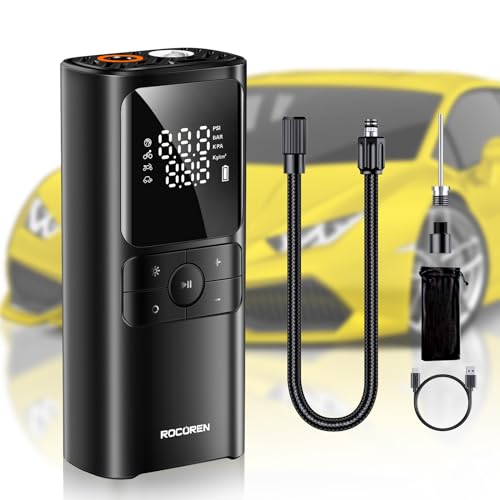 Rocoren Tire Inflator Portable Air Compressor, 150PSI Cordless Car Pump, USB Rechargeable Electric Tyre Pump with 17 Cylinder Pure Copper DC Motor, Memory Function (Black)