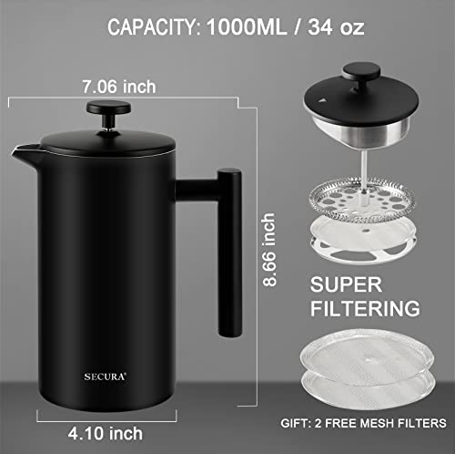 Secura French Press Coffee Maker, Double-Wall 304 Grade Stainless Steel Coffee Press with 2 Extra Screens, 34oz (1L), Black