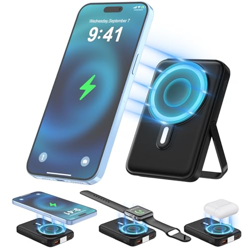 JYTIGV Wireless Portable Charger,3-in-1 Magnetic Power Bank 10000mAh with LED Display,22.5W Fast Charging Mag-Safe Battery Pack,Compatible with iPhone 15/14/13/12, Apple Watch Series, Airpods (Black)