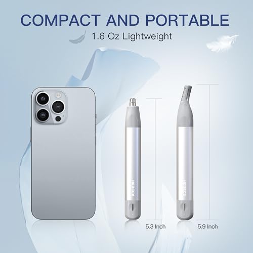 HEBECA Ear Nose Hair Trimmer, Rechargeable Facial Hair Removal Set for Women Men- Electric Eyebrow Trimmer, Waterproof 2in1 Face and Nose Trimmer Portable Silver