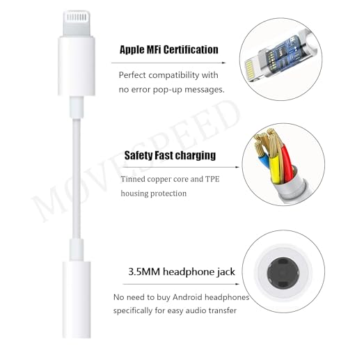 MOVESPEED Apple Mfi Certified Lightning to 3.5mm for iPhone Adapter Headphone Jack Dongle for iPhone with Aux Cord Audio Cable Apple Accessories Compatible with iPhone 14 13 12 11 X Xs 8 7 （2 Pack）