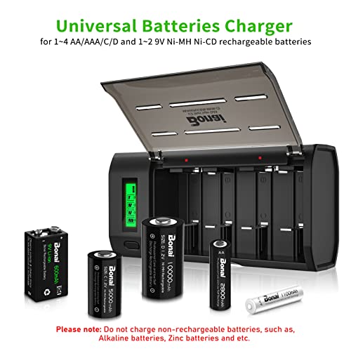 BONAI Smart Battery Charger for AA AAA C D 9V Ni-MH Ni-CD Rechargeable Batteries with Discharge Function and LCD Display Fast Charging - Black