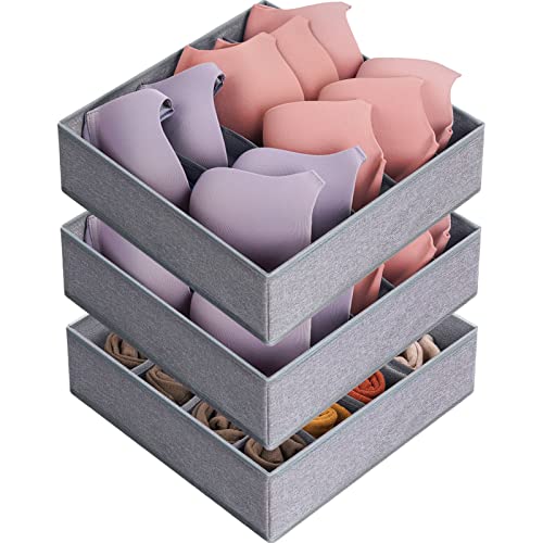 3 Pack Bra Underwear Drawer Organizer Dividers, 26 Cell Fabric Foldable Dresser Closet Organizers and Storage Boxes for Baby Clothes, Bra, Socks, Underwear, Ties (5+5+16 Slots, Grey)