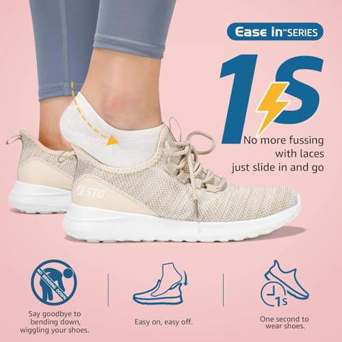 STQ Slip Ins Womens Slip On Sneakers Hands Free Orthopedic Tennis Walking Shoes for Plantar Fasciitis Relief Beige 6.5