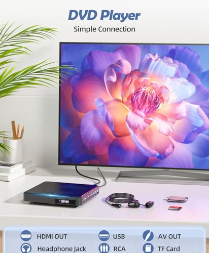 Arafuna DVD Players for TV HDMI, Small DVD Player with All Region Free, 1080P HD Mini DVD Player for Smart TV Support CD/DVD USB/TF Card, Remote Control, PAL/NTSC Plays and Multiple Formats